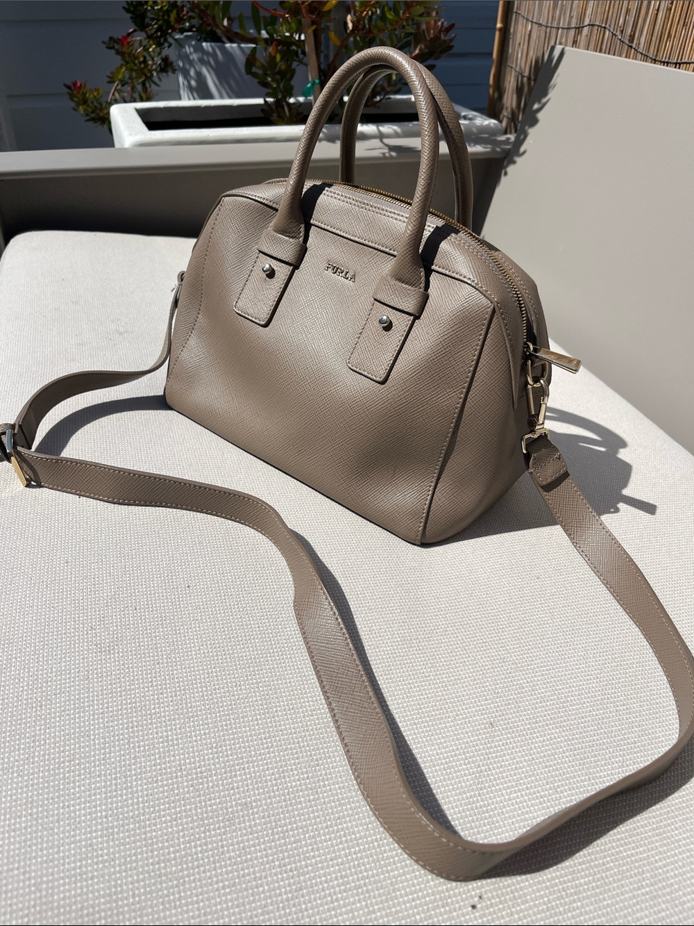 Furla Taupe Saffiano Leather Dome Satchel with Strap